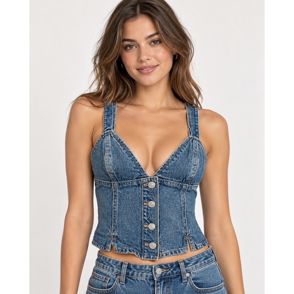 Zara Denim Corset Top Women XS Blue Button Front Smocked Back Cropped Vest
